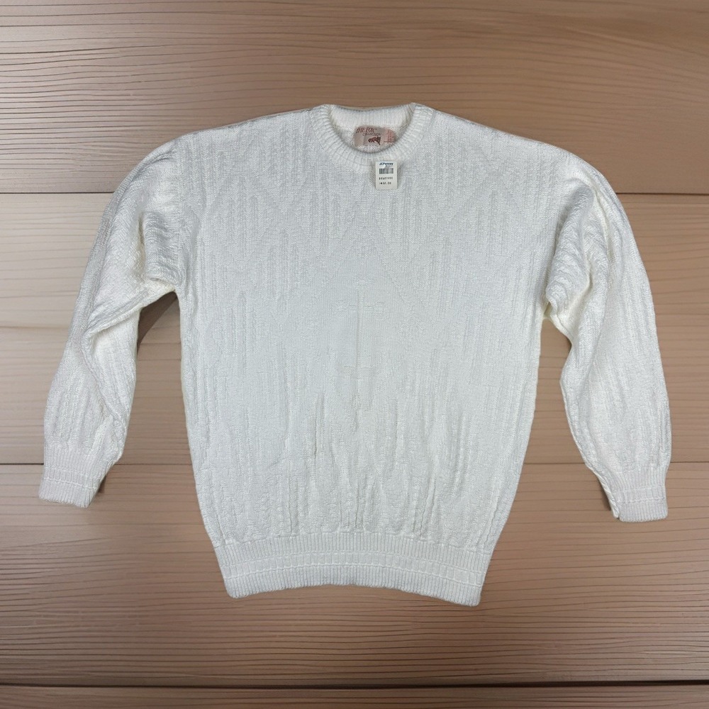 NOS VTG  80s The Fox Collection Sweater White Knit Crewneck USA Mens L Nautical